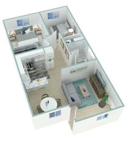A 3D floor plan of a house with a kitchen, living room, and bathroom.
